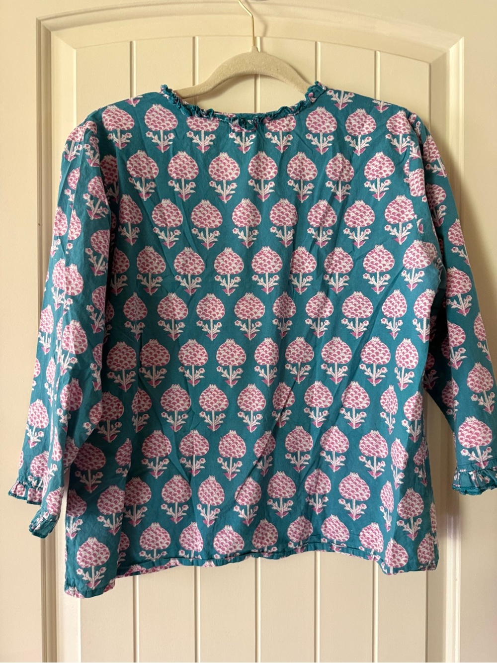 Women’s Teal Floral Ruffle-Trim Button-Down Shirt 100% cotton - Picture 8 of 8